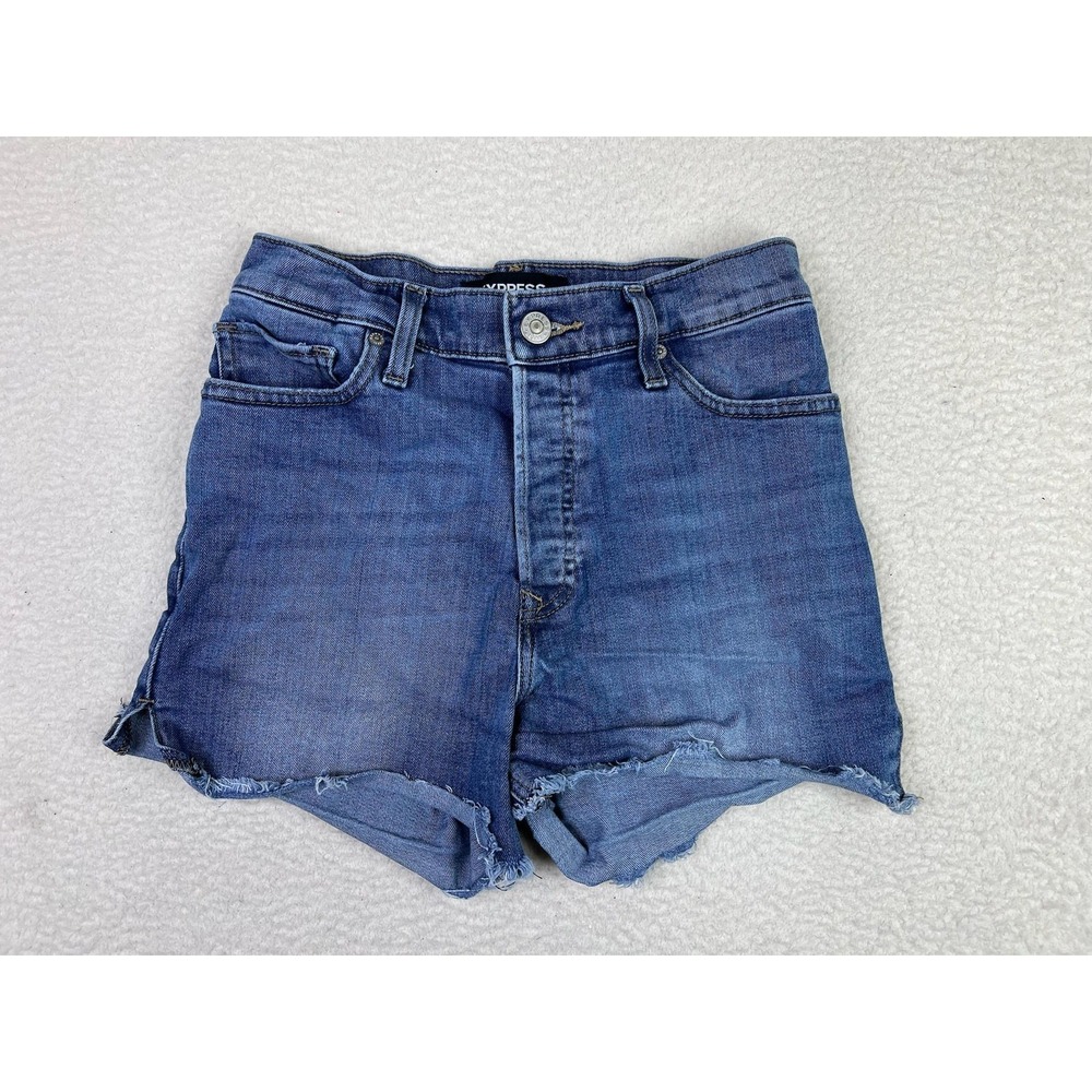 Express Denim Shorts Womens 4 Blue Midi Vintage High Rise Cutoff Button Fly